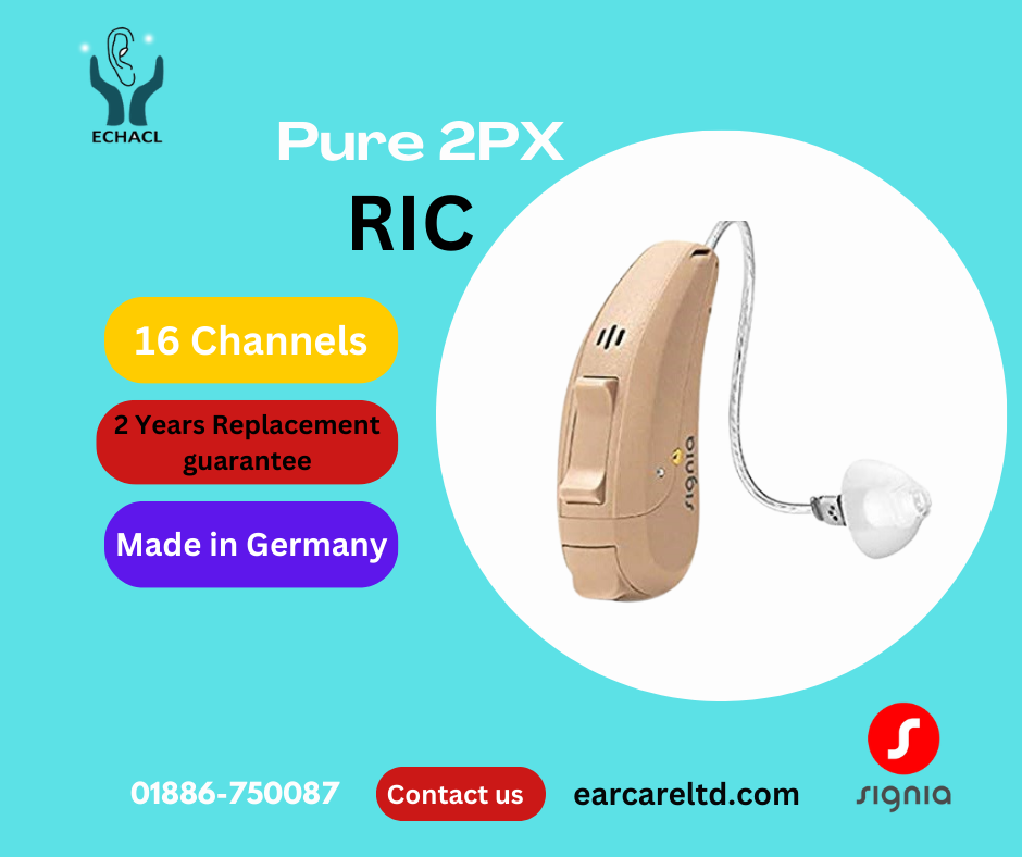 The Signia Pure 2PX is a receiver-in-canal (RIC) hearing aid model that builds upon the technology of its predecessors, offering a range of features designed to enhance the user’s hearing experience. Here are the typical contents and features associated with the Signia Pure 2PX:
Contents:
1.	Hearing Aid Device:
o	The main hearing aid unit, which fits behind the ear and includes the receiver and electronics.
2.	Receiver (Speaker):
o	The component that delivers sound from the hearing aid into the ear canal.
3.	Ear Mold or Dome:
o	Soft tips or custom molds that attach to the receiver to provide a comfortable fit and ensure sound is delivered effectively.
4.	Battery: Battery Size 312
5.	Cleaning Tools:
o	Brushes, tools, or wax guards for maintaining and cleaning the hearing aid.
6.	User Manual:
o	A guide with instructions on how to use, adjust, and care for the hearing aid.
7.	Protective Case:
o	A case for storing the hearing aid when not in use, protecting it from damage and dirt.
Features:
1.	Waterproof and Dustproof:
o	The "PX" designation indicates a high level of protection, usually rated at IP68, meaning it is resistant to dust and water ingress.
2.	Signia Xperience Platform:
o	Utilizes the Signia Xperience technology platform, which provides advanced sound processing for a more natural hearing experience.
3.	Own Voice Processing (OVP):
o	A feature that enhances the clarity of the wearer’s own voice while maintaining the quality of external sounds, improving overall listening comfort.
4.	Bluetooth Connectivity:
o	Direct streaming capabilities for phone calls, music, and other audio sources from Bluetooth-enabled devices.
5.	Telecoil:
o	Built-in telecoil for improved hearing in environments with induction loop systems, such as theaters or public places.
6.	SoundScape Processing:
o	Advanced sound processing to deliver clear and natural sound in a variety of listening environments.
7.	SpeechMaster Technology:
o	Focuses on enhancing speech clarity while reducing background noise, making conversations easier in noisy settings.
8.	Discreet Design:
o	A small, discreet design that fits comfortably behind the ear and is minimally visible.
9.	Dynamic Soundscape Processing:
o	Adapts to different listening environments to provide the best possible sound experience in any situation.
The Signia Pure 2PX is designed to offer a blend of advanced technology and user convenience, making it suitable for a wide range of hearing needs and preferences. we offer best hearing aid price in Bangladesh and we are providing best support and service after sale.