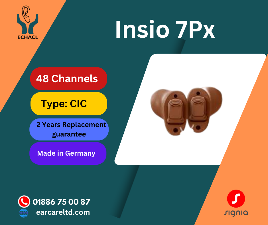 The Signia Insio 7px CIC (Completely-in-Canal) hearing aid is a sophisticated device designed to offer a personalized and discreet hearing solution. Below are the key features and content details of this model:
Key Features:
1.	Type & Style:
o	CIC (Completely-in-Canal): Sits deeply in the ear canal, making it nearly invisible.
o	Custom-Fit: Molded to the shape of your ear for a perfect fit and comfort.
2.	Technology Level:
o	7px: This is a high-end technology level, just below the top-tier 9px, offering advanced features suitable for active and demanding users.
3.	Directional Microphones:
o	Equipped with directional microphones to enhance speech understanding in noisy environments by focusing on sounds coming from the front.
4.	Sound Clarity:
o	SpeechMaster: Automatically adjusts settings to highlight speech while suppressing background noise.
o	EchoShield: Reduces reverberation in challenging acoustic environments, such as large halls.
5.	Connectivity:
o	Bluetooth Compatibility: While CIC devices are generally limited in connectivity, some versions might offer basic Bluetooth functionality, depending on customization.
6.	Signia App:
o	Remote Control: The device can be controlled via the Signia app on your smartphone, allowing you to adjust volume, change programs, and more.
o	TeleCare: Enables remote adjustments and support from your hearing care professional.
7.	Frequency Response:
o	Wide frequency response for natural sound reproduction, ensuring that all speech and environmental sounds are clear and natural.
8.	Noise Management:
o	Noise Reduction: Reduces background noise for clearer speech understanding.
o	Wind Noise Reduction: Minimizes wind noise, making it easier to hear outdoors.
9.	Feedback Cancellation:
o	Advanced feedback cancellation technology prevents whistling and other unwanted sounds.
10.	Battery Life:
o	Uses small size 10 batteries, providing a balance between compact size and battery longevity. Battery life may vary depending on usage.
11.	Tinnitus Therapy:
o	Built-in tinnitus therapy options, including various sound options to provide relief from tinnitus symptoms.
12.	Speech and Noise Management:
o	Directional Speech Enhancement: Enhances speech from the front while reducing noise from other directions.
o	SoundSmoothing: Reduces sudden loud noises for more comfortable listening.
13.	Program Options:
o	Multiple listening programs customizable to different environments like quiet settings, noisy places, or music.
14.	Durability:
o	IP68 Rating: Resistant to dust and water, ensuring reliability in various conditions.
15.	Customization:
o	Personalized Fitting: Tailored to the individual’s ear canal and hearing needs for optimal comfort and performance.
Content Details:
•	Package: The hearing aids come with a user manual, a set of batteries, a cleaning kit, and a protective case.
•	Support: Access to the Signia App for adjustments, as well as TeleCare for remote consultations with hearing care professionals.
•	Warranty: 2 years’ replacement guaranty.
This model is suitable for users who prioritize discretion, comfort, and advanced features to handle various listening environments effectively.