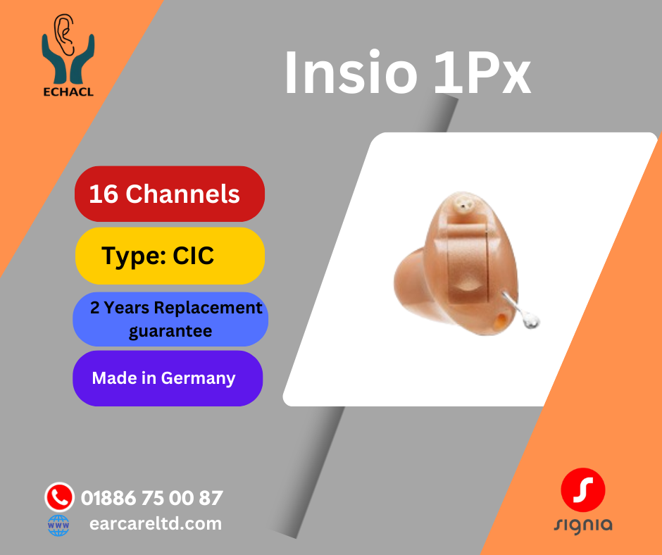 The Signia Insio 1px CIC/IIC hearing aids are the most basic models in the Insio series, designed to provide essential hearing support with a focus on simplicity and discretion. These are ideal for users who need minimal assistance in quieter settings. Below are the key contents and features of the Insio 1px CIC/IIC hearing aids:
Key Features:
1.	Type & Style:
o	CIC (Completely-in-Canal): Fits discreetly in the ear canal, making it nearly invisible to others.
o	IIC (Invisible-in-Canal): Smaller and more deeply placed in the ear canal, offering the highest level of discretion.
o	Custom-Fit: Molded to the unique shape of the user’s ear for a secure and comfortable fit.
2.	Technology Level:
o	1px: This is the entry-level technology, focusing on essential hearing aid functions with minimal advanced features.
3.	Sound Processing:
o	Basic Sound Amplification: Provides straightforward amplification for better hearing in quiet environments.
o	Limited Noise Management: Designed for simple sound environments with minimal background noise management.
4.	Noise Management:
o	Basic Noise Reduction: Offers basic reduction of background noise, though primarily effective in quieter settings.
o	Wind Noise Reduction: Minimal wind noise reduction, suitable for mild outdoor conditions.
5.	Feedback Cancellation:
o	Basic Feedback Management: Simple technology to prevent whistling and other feedback noises.
6.	Directional Microphones:
o	Typically does not include advanced directional microphone technology, focusing on basic sound capture from all directions.
7.	Connectivity:
o	No Wireless Connectivity: The 1px models do not support wireless features or smartphone connectivity, emphasizing simplicity and ease of use.
8.	Battery Life:
o	Uses small size 10 batteries, which are easy to replace, offering adequate battery life based on usage.
9.	Tinnitus Therapy:
o	Basic tinnitus relief options, providing simple sound therapy to help manage tinnitus symptoms.
10.	Program Options:
o	Limited to a few preset listening programs designed for typical, quieter environments like home or small group conversations.
11.	Signia App:
o	No App Support: The 1px models typically do not support the Signia app, focusing on basic manual controls.
12.	Durability:
o	IP68 Rating: Water-resistant and dustproof, ensuring reliability in everyday situations.
13.	Personalization:
o	Custom Fitting: Tailored to the individual's ear for a comfortable and secure fit.
o	Minimal Customization: Basic settings are available for simple personalization.
Content Details:
•	Packaging: The hearing aids come with a set of batteries, a cleaning kit, a protective case, and a user manual for basic operation and maintenance.
•	Support: Primarily in-person support from hearing care professionals, as remote or app-based support is not available.
•	Warranty: 2 years’ replacements guaranty. 
The Signia Insio 1px CIC/IIC hearing aids are well-suited for users who require a straightforward, discreet, and easy-to-use hearing solution. They are ideal for those with basic hearing needs, particularly in quiet environments, and for first-time hearing aid users who prefer a no-frills approach to hearing assistance.