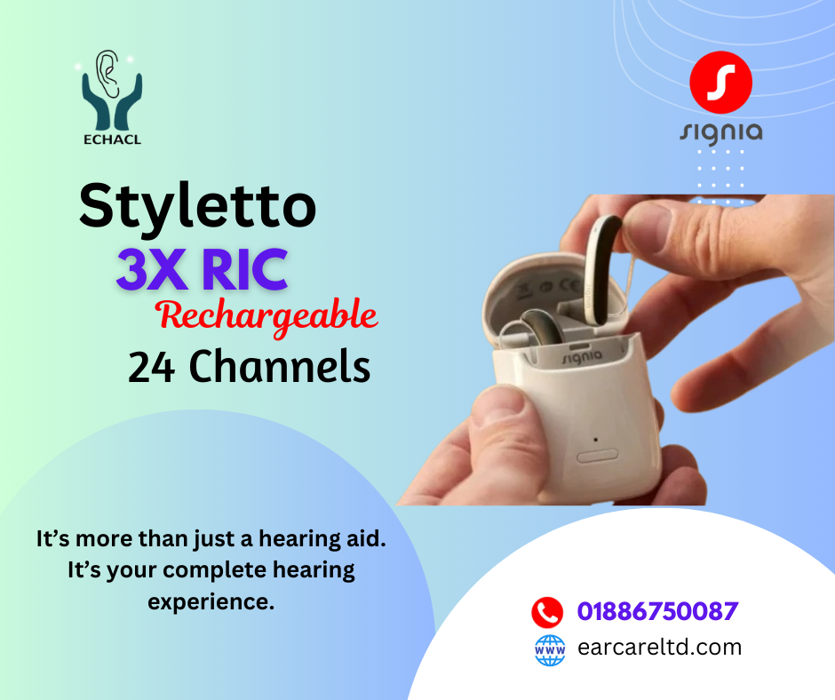 Certainly! Here’s a tailored content piece for promoting the Signia Styletto 3X RIC hearing aid in Bangladesh:
Introducing Signia Styletto 3X: Embrace Clearer Hearing
Step into a world of enhanced hearing with the Signia Styletto 3X, a versatile Receiver-in-Canal (RIC) hearing aid that combines advanced technology with modern aesthetics. Designed to meet your lifestyle needs, Styletto 3X ensures you experience clarity and comfort throughout your day.
Key Features:
Natural Sound Quality: Enjoy clear and natural sound in various environments, from bustling streets to quiet conversations, thanks to Signia’s renowned sound processing technology.
Long-Lasting Battery: Powered by rechargeable lithium-ion batteries, Styletto