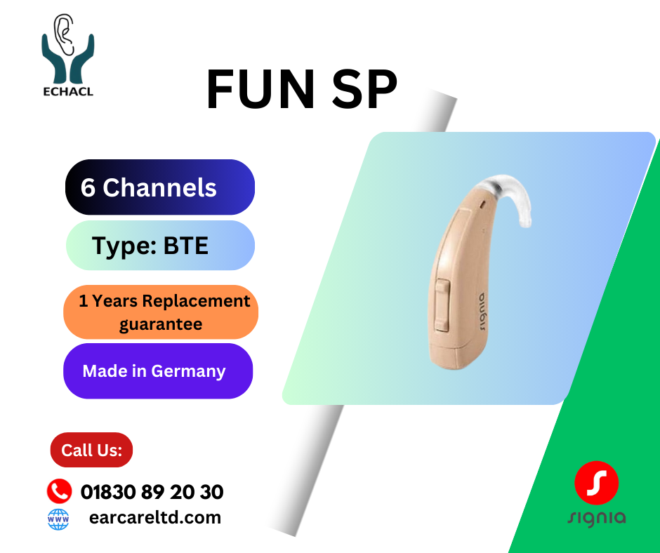 The Signia FUN SP BTE (Behind-The-Ear) hearing aid is designed to offer advanced hearing solutions with a focus on providing clear and natural sound. Here are some key features and aspects of this model:
1.	Powerful Amplification: The "SP" in the model name stands for "Super Power," indicating that this hearing aid is designed to deliver high levels of amplification for individuals with severe to profound hearing loss.
2.	Sound Quality: It features Signia’s advanced sound processing technology, which aims to deliver clear, natural sound by reducing background noise and enhancing speech understanding.
3.	Customization: The hearing aid can be fine-tuned to suit individual hearing needs through professional fitting and adjustments. It often comes with multiple listening programs for different environments.
4.	Comfort and Design: The BTE style is known for its durability and ease of use. It typically includes a larger battery that offers extended wear time, and the design often ensures a comfortable fit behind the ear.
5.	Durability: BTE hearing aids are generally robust and suitable for various lifestyles, including those who are active or need a more durable option.
6.	Battery Life: The use of larger batteries in BTE models often means longer battery life compared to smaller hearing aids, which is beneficial for users who don’t want to frequently change batteries.
For the most accurate and detailed information, including specific features and compatibility, it’s a good idea to consult with an audiologist or hearing care professional who can provide guidance based on your individual hearing needs.