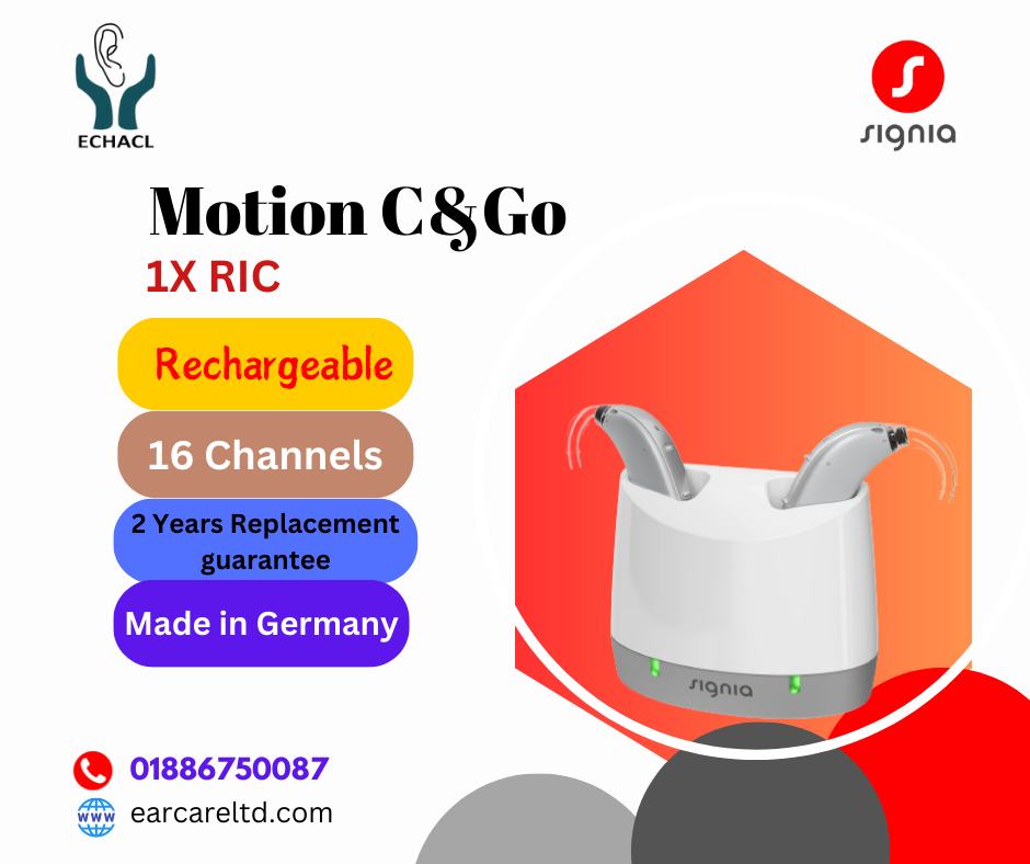 The Signia Motion C&Go 1x RIC (Receiver-In-Canal) rechargeable hearing aid is designed to offer a blend of advanced technology and user-friendly features. Here’s a detailed look at its contents and features:
Contents:
1.	Hearing Aids: Two RIC devices (one for each ear, if applicable).
2.	Receivers: Customizable receivers that fit into the ear canal.
3.	Domes: Various sizes of ear domes for a comfortable fit.
4.	Rechargeable Batteries: Integrated rechargeable batteries for long-lasting use.
5.	Charging Case: A compact case that not only charges the hearing aids but also provides safe storage.
6.	Cleaning Tools: Includes brushes, wax guards, and other tools for maintenance.
7.	User Manual: Detailed instructions for setup, usage, and care.
8.	Warranty Card: 2 years’ replacement guaranty.
9.	Cable/Adapter: If needed, for charging or connecting to other devices.
Features:
1.	Rechargeable Technology:
o	Long Battery Life: Provides a full day of use on a single charge.
o	Convenient Charging Case: Easy-to-use case that charges the hearing aids while also protecting them.
2.	Bluetooth Connectivity:
o	Direct Streaming: Stream audio from smartphones, tablets, and other Bluetooth-enabled devices directly to the hearing aids.
o	Remote Control: Compatible with the Signia app for remote adjustments and control.
3.	Motion Sensors:
o	Automatic Adjustment: Sensors detect movement and adjust settings to provide optimal hearing in different environments.
4.	Advanced Sound Processing:
o	Directional Microphones: Focuses on sounds from specific directions while reducing background noise.
o	Noise Reduction: Advanced algorithms reduce unwanted noise for clearer hearing.
o	Speech Enhancement: Improves speech clarity, especially in noisy settings.
5.	Tinnitus Management:
o	Tinnitus Masking: Features to help manage tinnitus symptoms through sound therapy.
6.	Telecoil Functionality:
o	Hearing Loop Compatibility: Enhances hearing in environments equipped with induction loop systems (e.g., public places, theaters).
7.	Customizable Settings:
o	Personal Preferences: Settings can be adjusted via a smartphone app or by a hearing care professional for a personalized hearing experience.
8.	Telecare Capabilities:
o	Remote Support: Allows hearing care professionals to make adjustments and provide support remotely.
9.	Discreet Design:
o	Small and Lightweight: The RIC style is designed to be less visible while providing high-quality sound.
10.	User-Friendly Interface:
o	Easy Controls: Intuitive controls for volume and program changes, often accessible through the smartphone app.
These features combine to offer a high level of convenience, customization, and advanced technology, making the Signia Motion C&Go 1x RIC rechargeable hearing aids a versatile choice for users seeking both performance and ease of use.