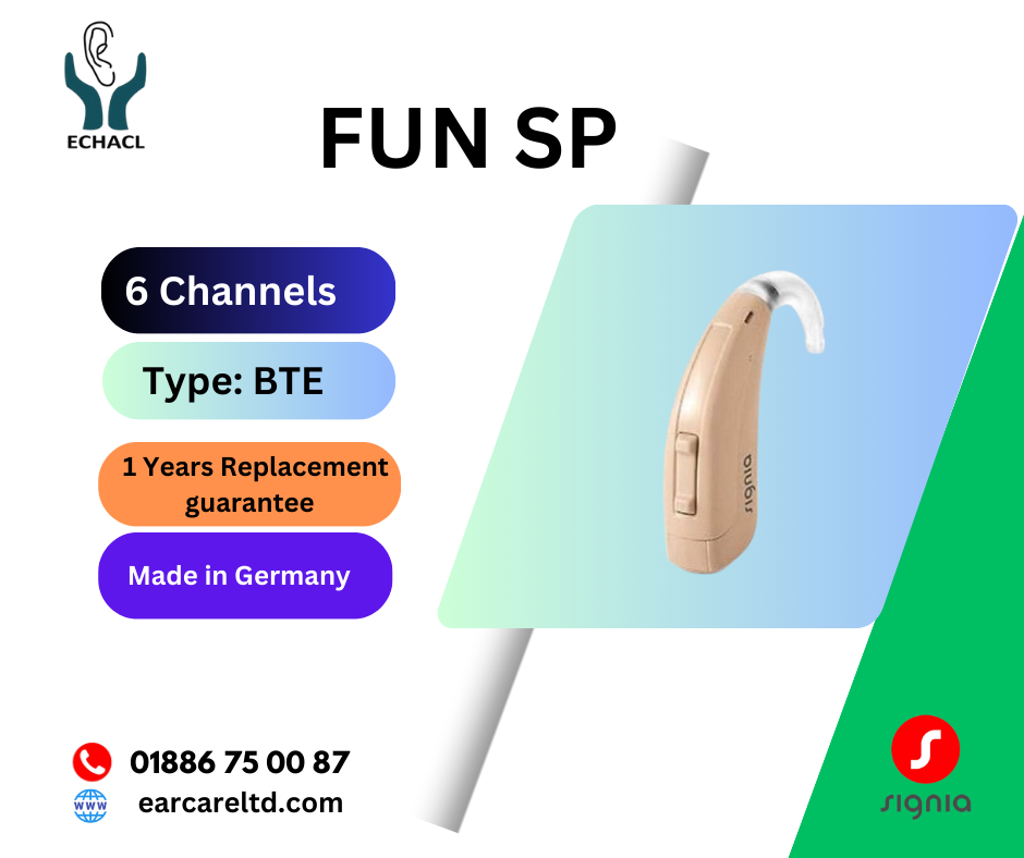 The Signia FUN SP BTE (Behind-The-Ear) hearing aid is designed to offer advanced hearing solutions with a focus on providing clear and natural sound. Here are some key features and aspects of this model:
1.	Powerful Amplification: The "SP" in the model name stands for "Super Power," indicating that this hearing aid is designed to deliver high levels of amplification for individuals with severe to profound hearing loss.
2.	Sound Quality: It features Signia’s advanced sound processing technology, which aims to deliver clear, natural sound by reducing background noise and enhancing speech understanding.
3.	Customization: The hearing aid can be fine-tuned to suit individual hearing needs through professional fitting and adjustments. It often comes with multiple listening programs for different environments.
4.	Comfort and Design: The BTE style is known for its durability and ease of use. It typically includes a larger battery that offers extended wear time, and the design often ensures a comfortable fit behind the ear.
5.	Durability: BTE hearing aids are generally robust and suitable for various lifestyles, including those who are active or need a more durable option.
6.	Battery Life: The use of larger batteries in BTE models often means longer battery life compared to smaller hearing aids, which is beneficial for users who don’t want to frequently change batteries.
For the most accurate and detailed information, including specific features and compatibility, it’s a good idea to consult with an audiologist or hearing care professional who can provide guidance based on your individual hearing needs.
We provide the actual prices of hearing aids in Bangladesh as the authorized distributor of Signia hearing aids in the country.