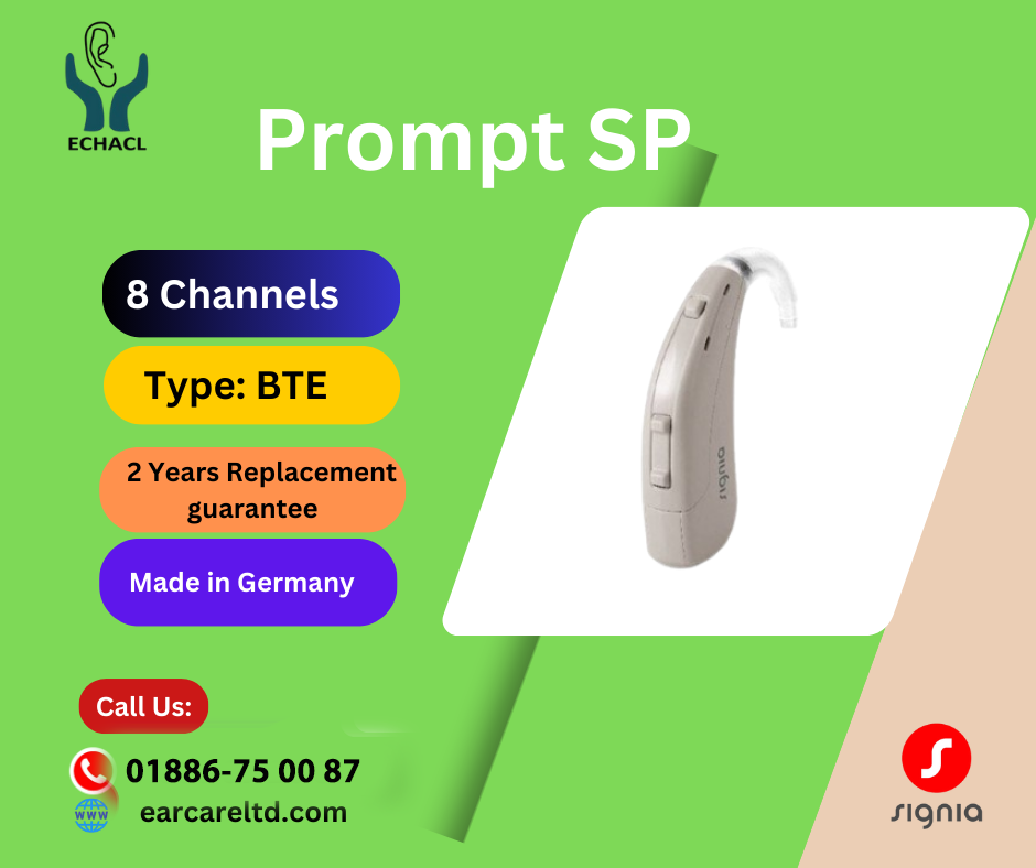 The Signia Prompt SP (Super Power) is a behind-the-ear (BTE) hearing aid designed for individuals with severe to profound hearing loss. Here are the key features and contents: Key Features 1. Super Power BTE Design: o The Prompt SP is specifically designed to deliver high amplification, making it suitable for severe to profound hearing loss. It sits comfortably behind the ear with a thicker tube leading to the ear canal. 2. Digital Signal Processing (DSP): o Advanced digital processing ensures clear, natural sound and improved speech understanding, even in challenging environments. 3. Directional Microphones: o Enhances the ability to focus on sounds from the front while reducing background noise from other directions, aiding in better communication. 4. Noise Reduction: o The hearing aid features robust noise reduction technology, helping to minimize background noise and improve clarity in noisy environments. 5. Feedback Cancellation: o Includes effective feedback management to reduce or eliminate the annoying whistling sounds that can occur with hearing aids. 6. Volume Control: o Manual volume control allows for easy adjustments to the loudness levels, giving users greater control over their hearing experience. 7. Telecoil (T-coil): o Equipped with a telecoil for use with hearing loops, enhancing sound quality in public spaces such as theaters and churches. 8. Battery Life: o Powered by size 675 batteries, which provide longer battery life to support the high power output required by the device. 9. Program Button: o Allows users to switch between different hearing programs tailored to various listening environments (e.g., quiet, noisy, music). 10. Water-Resistant: o The device has a degree of water resistance, making it durable and reliable in various weather conditions. 11. High Gain: o Offers high gain (amplification) to ensure that even soft sounds are made audible for users with significant hearing loss. Contents in the Box • Hearing Aid Device: The main Prompt SP BTE hearing aid unit. • Ear Hook: Attaches the hearing aid to the ear mold. • Ear Molds: Custom or standard ear molds that fit into the ear canal, specifically designed to provide a secure fit and prevent sound leakage. • Size 675 Batteries: Usually includes a starter pack of these larger batteries that offer longer life. • Cleaning Tools: A set of tools for maintaining and cleaning the hearing aid. • User Manual: Detailed instructions on usage, care, and troubleshooting. • Carrying Case: A protective case for safe storage and transport of the hearing aid. The Signia Prompt SP is built to deliver powerful sound amplification and advanced features tailored to the needs of individuals with severe to profound hearing loss, ensuring reliable performance in various listening environments. We offer best price of hearing aid in Bangladesh.