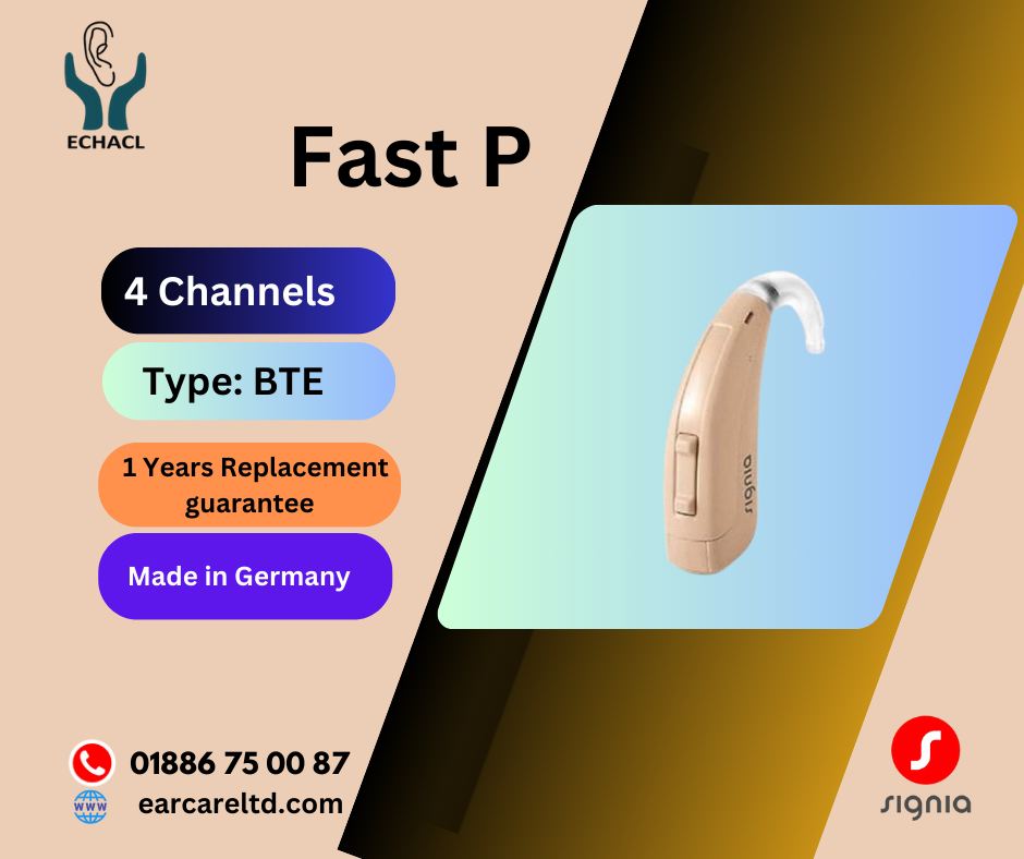 The Signia Fast P BTE (Behind-the-Ear) hearing aid is designed for individuals with mild to severe hearing loss. It is known for its ease of use, reliability, and essential features that make it a practical choice for users looking for straightforward functionality.
Key Features
1.	Behind-the-Ear (BTE) Design:
o	The Fast P is designed to sit comfortably behind the ear with a thin tube leading to the ear canal. It is discreet, lightweight, and easy to handle.
2.	Volume Control:
o	Manual volume control allows the user to adjust the loudness according to personal preference.
3.	Battery Life:
o	Powered by size 13 batteries, offering a balance between size and battery life for extended use.
4.	Program Button:
o	Allows users to switch between different hearing programs tailored to various listening environments (e.g., quiet, noisy, outdoors).
Contents in the Box
•	Hearing Aid Device: The main Fast P BTE hearing aid unit.
•	Ear Hook: Connects the hearing aid to the ear mold.
•	Ear Molds: Custom or standard ear molds that fit comfortably into the ear canal.
•	Size 13 Batteries: Typically includes a starter pack of batteries.
•	Cleaning Tools: A set of tools for cleaning and maintaining the hearing aid.
•	User Manual: Instructions for use, care, and troubleshooting.
•	Carrying Case: A protective case for storing and transporting the hearing aid.
We provide the actual prices of hearing aids in Bangladesh as the authorized distributor of Signia hearing aids in the country.