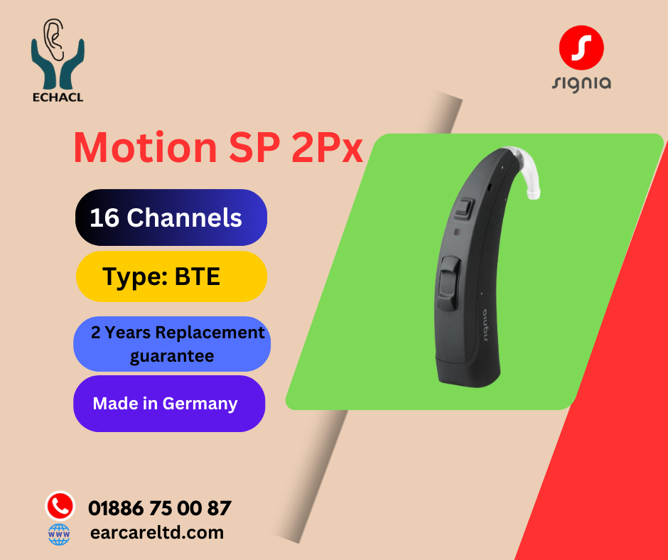 The Signia Motion SP 2Px hearing aid offers a variety of features designed to enhance the hearing experience for users with severe to profound hearing loss. Here are some of the key features:
1. Powerful Performance
•	High-Power Amplification: Designed to provide clear and powerful sound, suitable for users with severe to profound hearing loss.
•	Dynamic Sound Processing: Ensures high-quality sound across different listening environments.
2. Connectivity
•	Bluetooth Connectivity: Allows for wireless streaming from smartphones, TVs, and other Bluetooth-enabled devices.
•	TwinPhone: Improves telephone conversation quality by transmitting the signal to both hearing aids simultaneously.
•	TeleCare: Remote support and fine-tuning from your hearing care professional via the Signia app.
3. Sound Management
•	Noise Reduction: Advanced noise reduction algorithms help to minimize background noise.
•	Feedback Cancellation: Reduces feedback and whistling for a more comfortable listening experience.
•	Directional Microphones: Enhance speech understanding in noisy environments by focusing on sounds in front of the user.
4. Customization
•	Multiple Hearing Programs: Allows customization for different listening situations (e.g., quiet, noisy environments, music).
•	Volume Control: Easy-to-use controls for adjusting the volume to the user's preference.
•	Tinnitus Management: Built-in tinnitus therapy options to help manage tinnitus symptoms.
5. Comfort and Durability
•	Ergonomic Design: Designed for comfortable all-day wear.
•	Water and Dust Resistant: Durable and resistant to moisture and dust, ensuring longevity.
•	Battery Life: Long-lasting battery life to support extended use without frequent replacements.
6. Ease of Use
•	User-Friendly Controls: Intuitive controls for easy operation.
•	Battery Door: Easy-to-open battery door for quick and simple battery changes.
7. Advanced Technology
•	e2e Wireless 3.0: Enables binaural coordination between two hearing aids for a more natural listening experience.
•	SpeechMaster: Continuously monitors the acoustic environment and emphasizes the dominant speaker while reducing other sounds.
•	HD Music: Provides three dedicated music programs for a superior listening experience.
These features collectively aim to provide an enhanced and comfortable hearing experience tailored to individual needs and preferences. We offer best hearing aid price in Bangladesh.