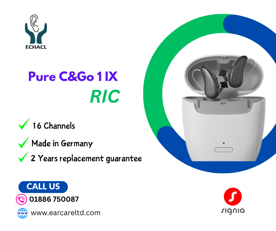 Signia Pure Charge&Go 1 IX RIC Hearing Aid: Affordable Hearing Support in Bangladesh

The Signia Pure Charge&Go 1 IX RIC (Receiver-In-Canal) hearing aid offers an economical solution for individuals seeking essential hearing support with reliable performance. Designed with simplicity and efficiency, it is a perfect choice for those with mild to moderate hearing loss in Bangladesh.
Top Features:

    Rechargeable Convenience: Long-lasting lithium-ion rechargeable battery ensures hassle-free use without the need for disposable batteries.
    Augmented Xperience (AX) Technology: Provides basic sound enhancement to improve clarity in everyday situations like conversations at home or outdoor settings in Bangladesh.
    Bluetooth Compatibility: Supports streaming for phone calls, music, and TV audio, keeping you connected to your devices.
    Automatic Adaptation: Adjusts to various listening environments for better hearing comfort.
    Durable Build: IP68-rated for protection against dust and water, ideal for humid and challenging Bangladeshi conditions.

Why Choose Signia Pure Charge&Go 1 IX in Bangladesh?

This entry-level hearing aid offers great value for those looking for essential features and dependable performance. Whether you’re in a busy market or relaxing at home, the Signia Pure Charge&Go 1 IX RIC ensures you stay connected to your surroundings with ease.
Experience Reliable Hearing Solutions

Affordable and effective, the Signia Pure Charge&Go 1 IX RIC hearing aid is now available in Bangladesh. Take the first step toward improved hearing and rediscover the joy of clear sound. Contact your local hearing care provider today!