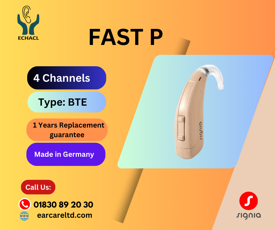 The Signia Fast P BTE (Behind-the-Ear) hearing aid is designed for individuals with mild to severe hearing loss. It is known for its ease of use, reliability, and essential features that make it a practical choice for users looking for straightforward functionality.
Key Features
1.	Behind-the-Ear (BTE) Design:
o	The Fast P is designed to sit comfortably behind the ear with a thin tube leading to the ear canal. It is discreet, lightweight, and easy to handle.
2.	Volume Control:
o	Manual volume control allows the user to adjust the loudness according to personal preference.
3.	Battery Life:
o	Powered by size 13 batteries, offering a balance between size and battery life for extended use.
4.	Program Button:
o	Allows users to switch between different hearing programs tailored to various listening environments (e.g., quiet, noisy, outdoors).
Contents in the Box
•	Hearing Aid Device: The main Fast P BTE hearing aid unit.
•	Ear Hook: Connects the hearing aid to the ear mold.
•	Ear Molds: Custom or standard ear molds that fit comfortably into the ear canal.
•	Size 13 Batteries: Typically includes a starter pack of batteries.
•	Cleaning Tools: A set of tools for cleaning and maintaining the hearing aid.
•	User Manual: Instructions for use, care, and troubleshooting.
•	Carrying Case: A protective case for storing and transporting the hearing aid.